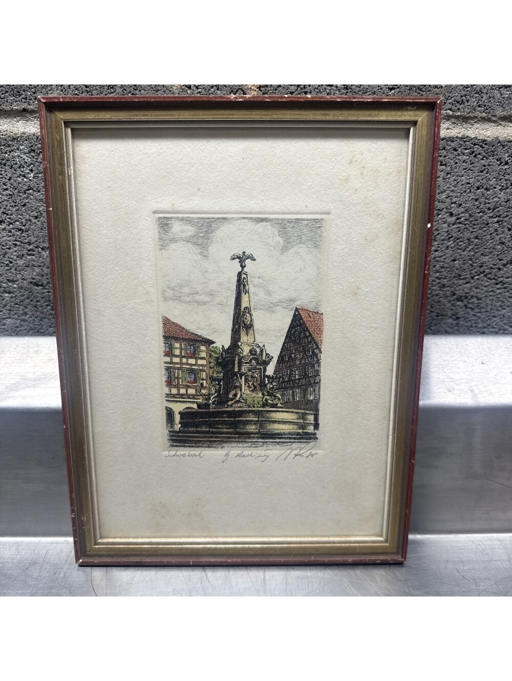 Vintage Hand Colored Etching Schöner Brunnen Schwabach Germany Signed & Framed